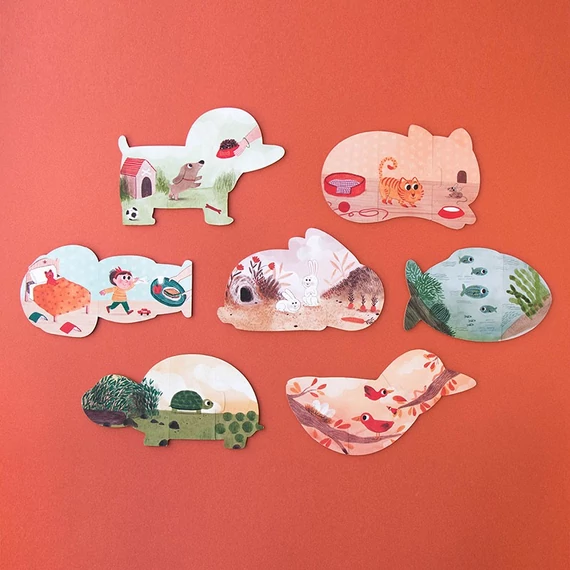 Kisállatok történeteit bemutató logikai puzzle gyerekeknek, fenntartható alapanyagokból.