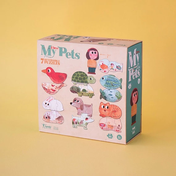 Kisállatos logikai puzzle doboz és dizájn, fejlesztő játék környezettudatos gyerekeknek.